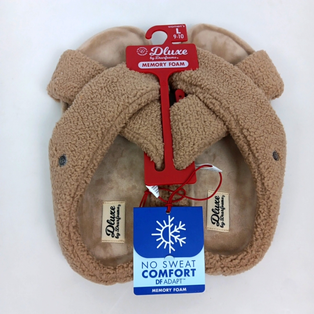 Dearfoams Dluxe Slippers Women's L 9-10 Beige Memory Foam Open Toe Slide On